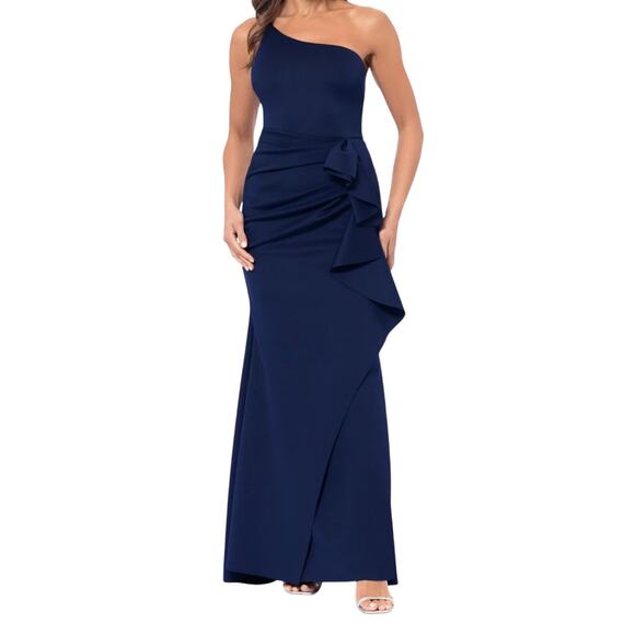 Xscape Evenings Daniella Long One Shoulder Scuba Crepe Ruffle Dress size 14 - Picture 1 of 7
